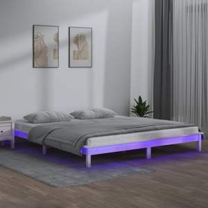Rama łóżka z LED, biała, 160x200 cm, lite drewno