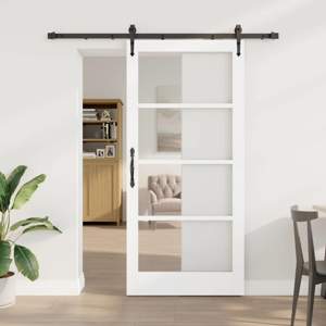 Drzwi przesuwne 93 x 202 cm Lite drewno sosnowe i szkło Biały