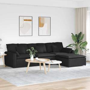 Sofa modułowa z podnóżkiem i poduszkami, czarna