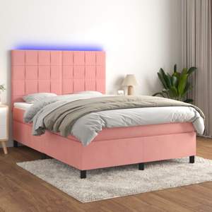 Łóżko kontynentalne z materacem i LED, różowy aksamit 140x190cm