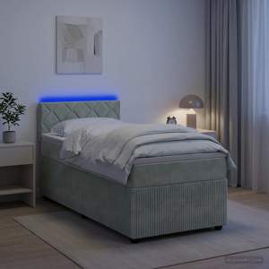 Łóżko Box Spring z materacem i LED jasnoszary 90 x 190 cm Welur