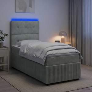 Łóżko z box spring LED z materacem jasnoszary 90 x 190 cm Welur