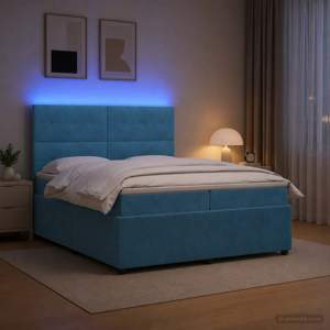 Łóżko z box spring LED z materacem niebieski 200 x 200 cm Welur