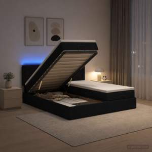 Łóżko z pojemnikiem i materacem LED Czarny 200 x 200 cm tkanina