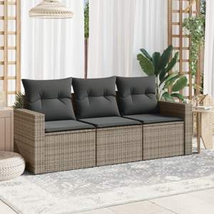 [3250997] 3-częściowa sofa do ogrodu, z poduszkami, szara, polirattanowa