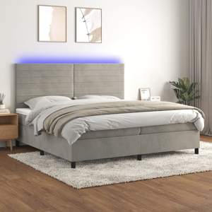 [3136203] Łóżko kontynentalne z materacem i LED, szare 200x200cm, aksamit