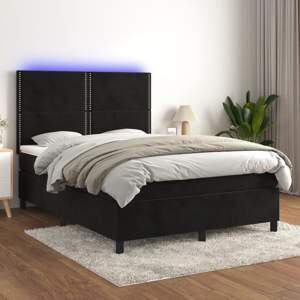 [3136061] Łóżko kontynentalne z materacem i LED, czarny aksamit 140x190cm