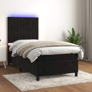 [3136229] Łóżko kontynentalne z materacem i LED, czarny aksamit 100x200cm