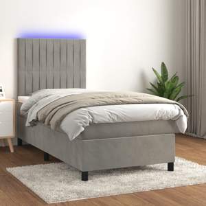 [3136215] Łóżko kontynentalne z materacem i LED, szare 90x190 cm, aksamit