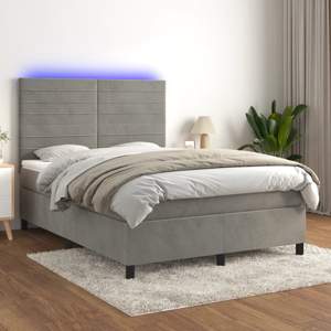 [3136185] Łóżko kontynentalne z materacem i LED, szare 140x200cm, aksamit