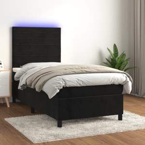 [3136151] Łóżko kontynentalne z materacem i LED, czarny aksamit 80x200 cm