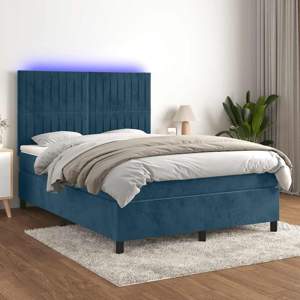 [3136243] Łóżko kontynentalne, materac i LED, niebieski aksamit 140x190cm